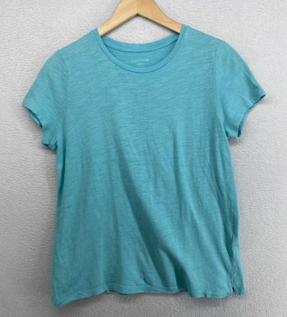 EILEEN FISHER Top XS Slub Organic Cotton Jersey Crew Neck Short Sleeve Blue